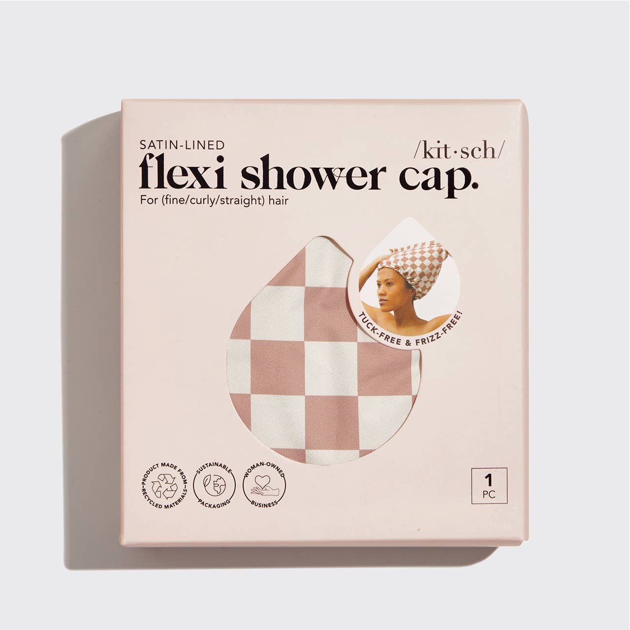 Satin Lined Flexi Shower Cap - Terracotta Checker