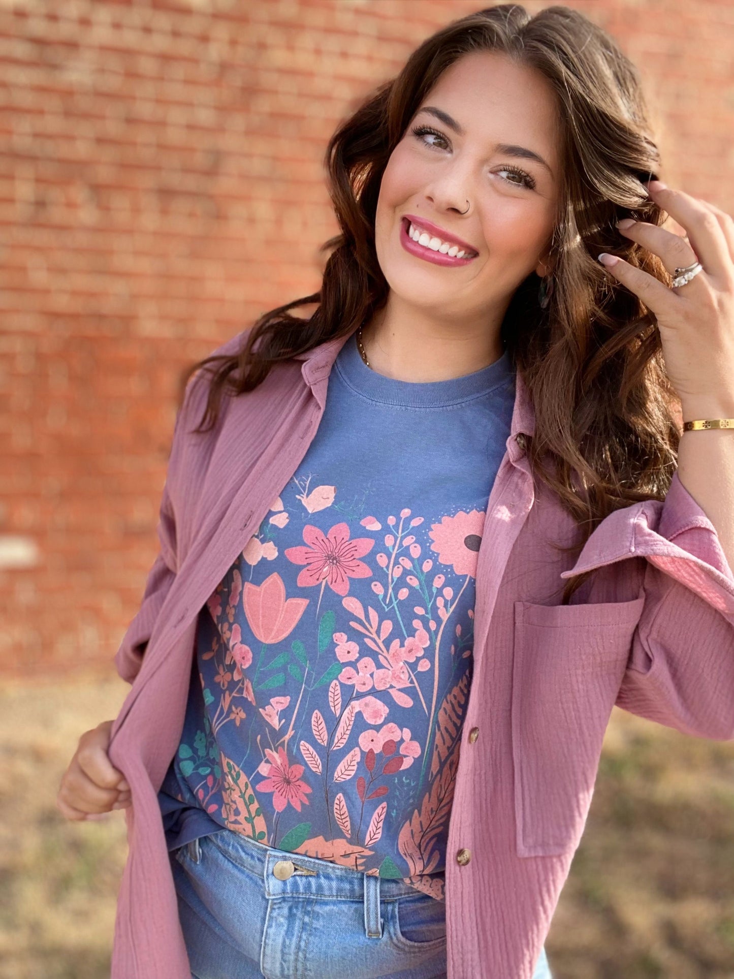 Water Color Flowers Tee- Denim Blue