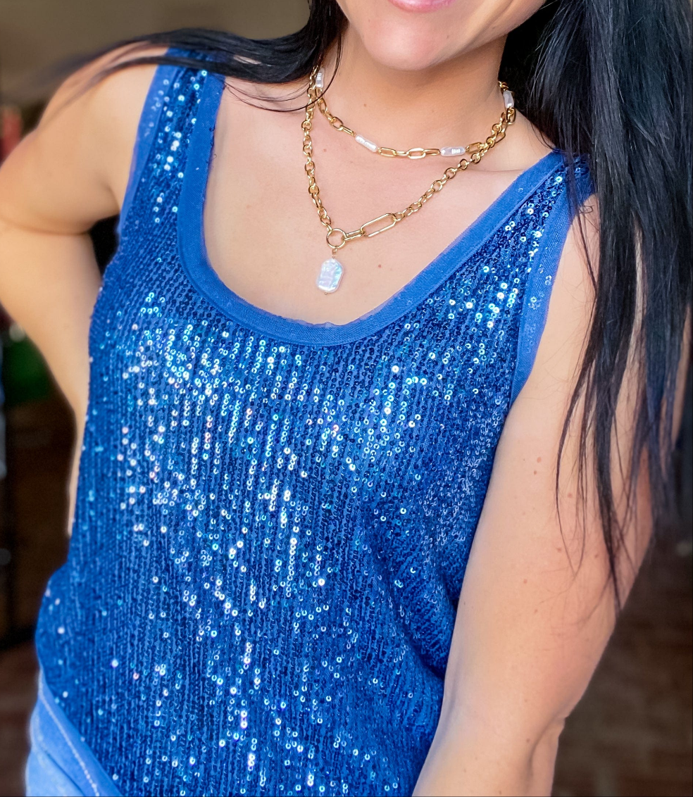 Sequin Tank-Denim Blue