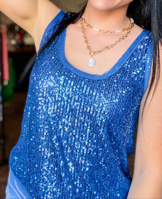 Sequin Tank-Denim Blue