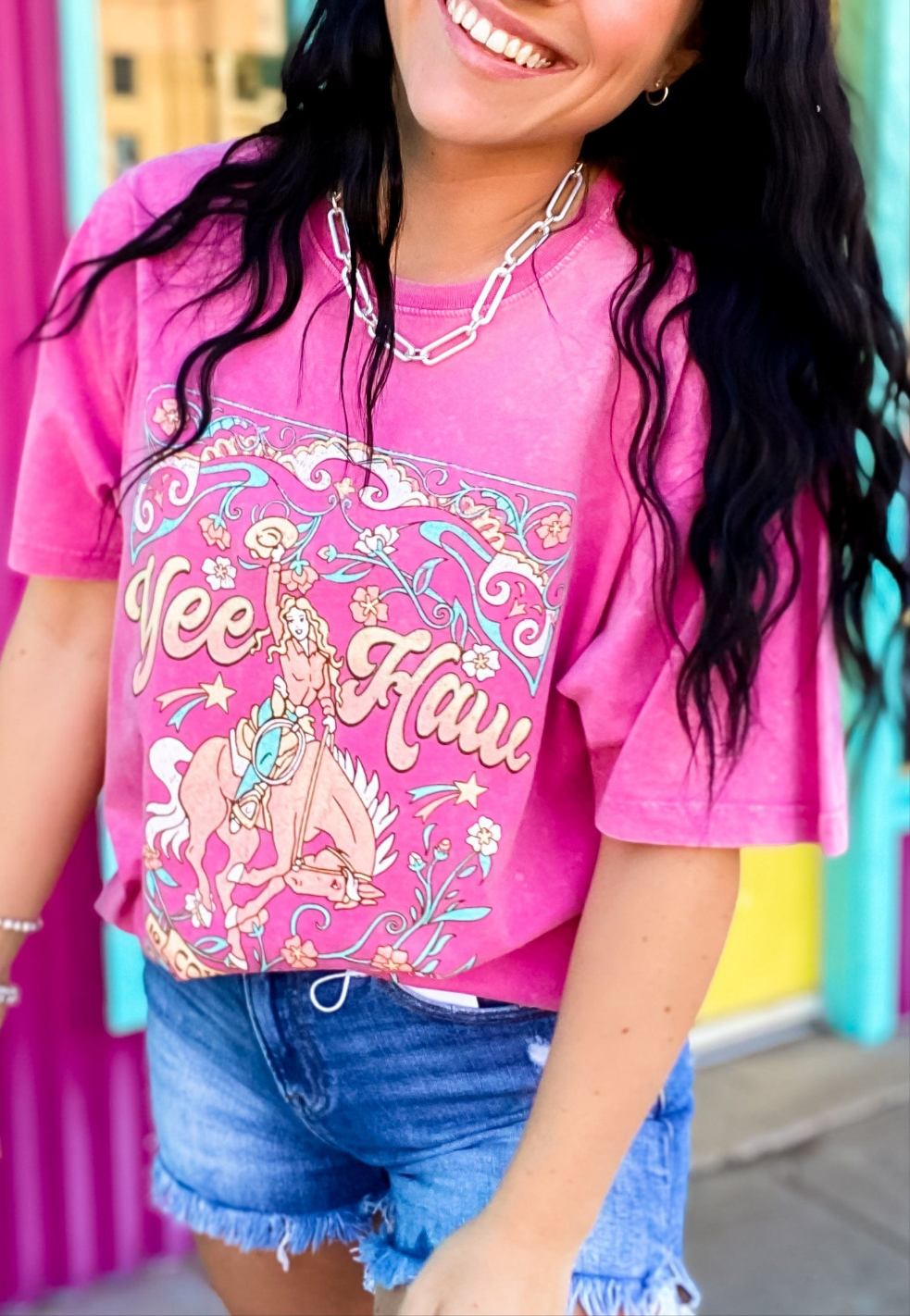 Yeehaw Mineral Washed Tee in Hot Pink