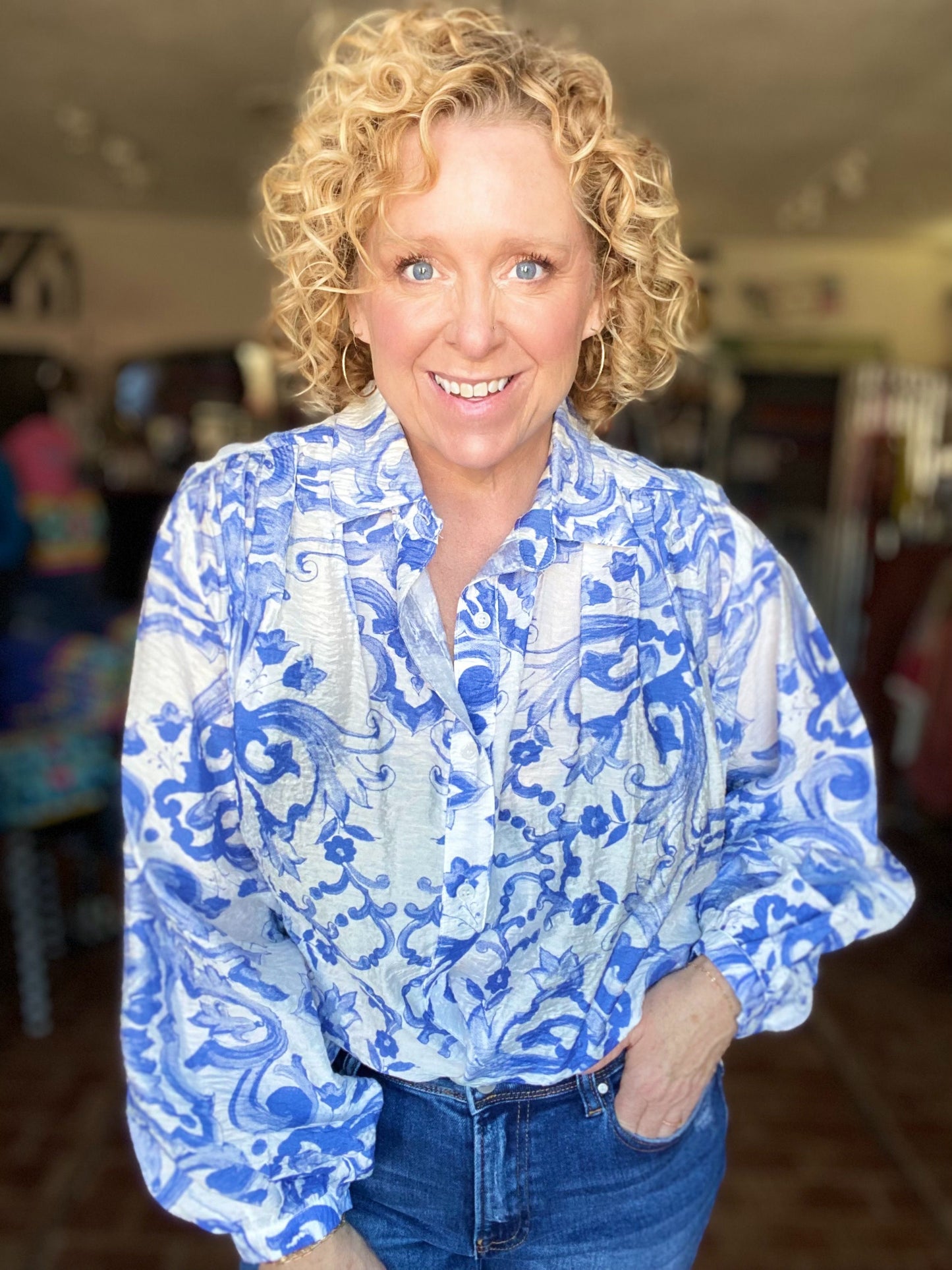 Royal Swirl Button Down Blouse