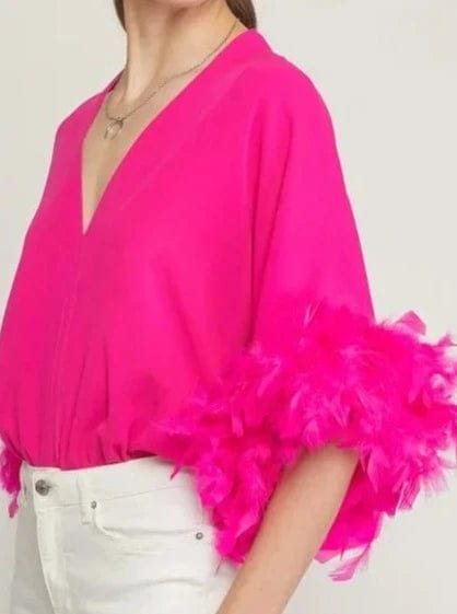 Shirts & Tops Fun Feather Bodysuit-Hot Pink