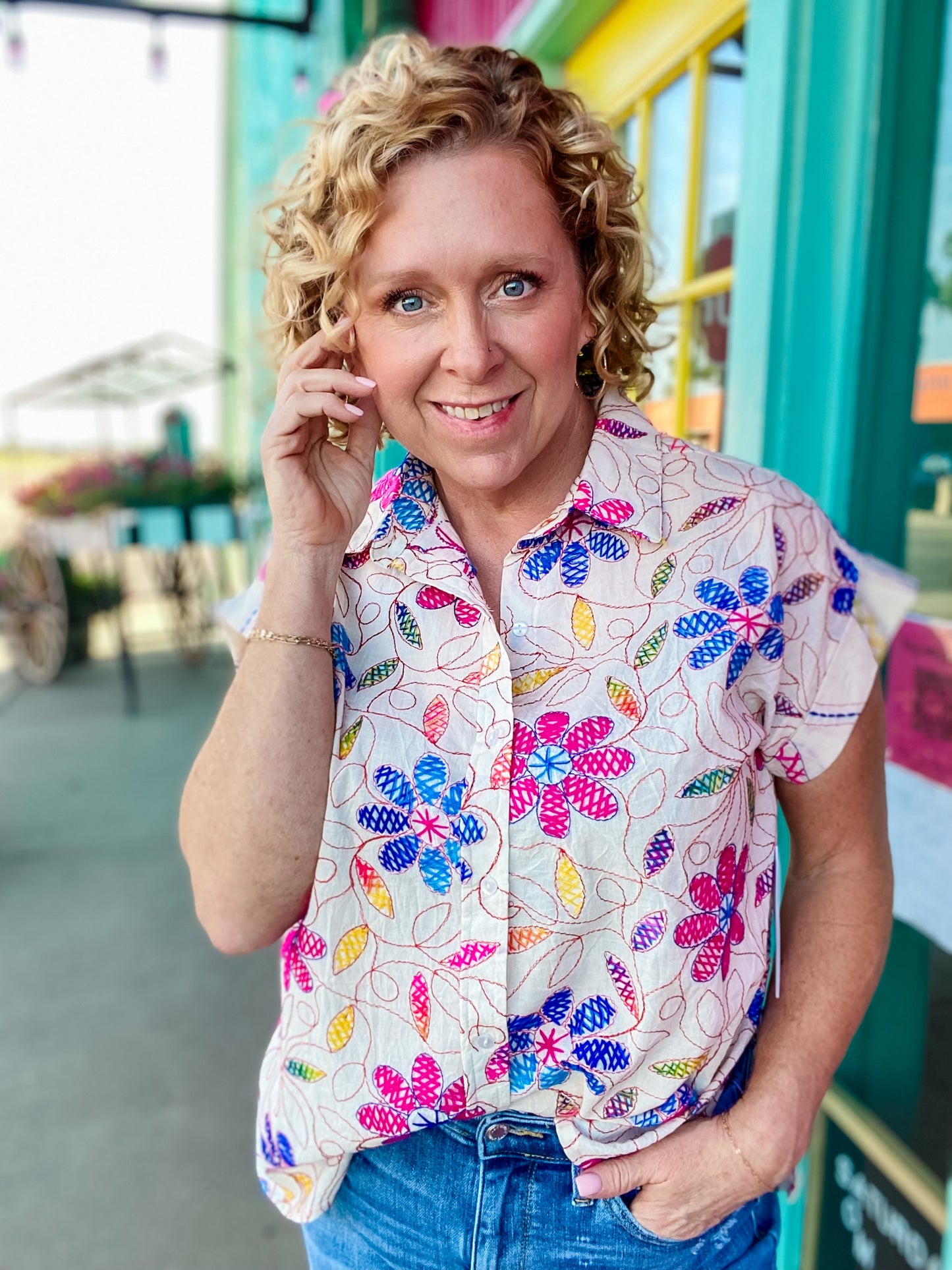 Embroidered Floral Camp Shirt