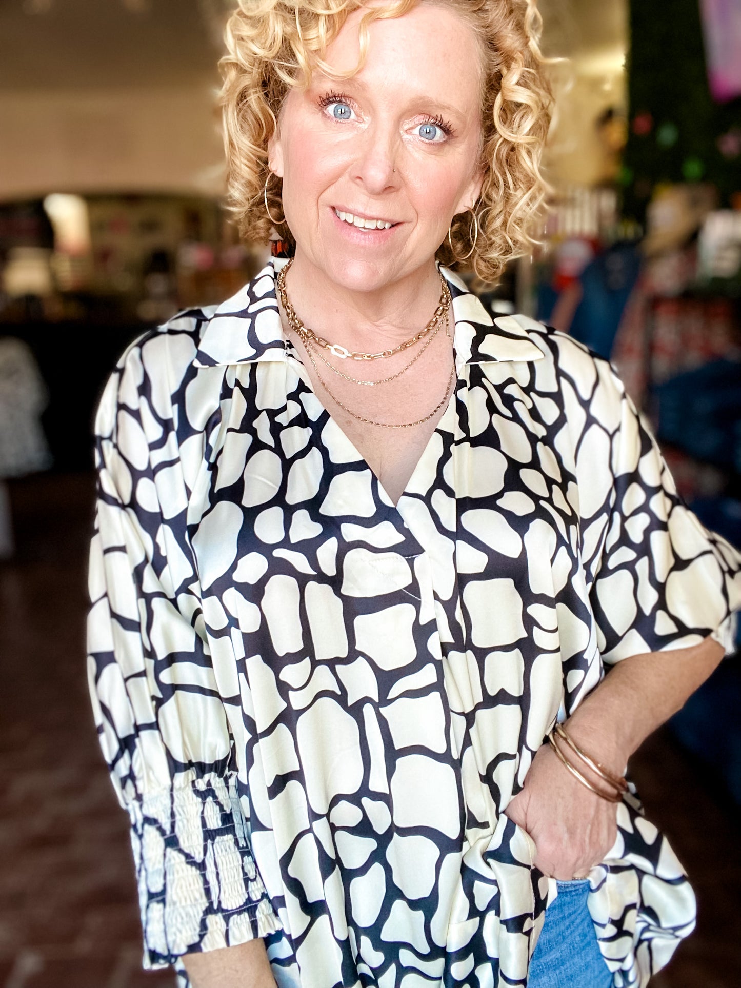 Curvy Black and White Abstract Blouse