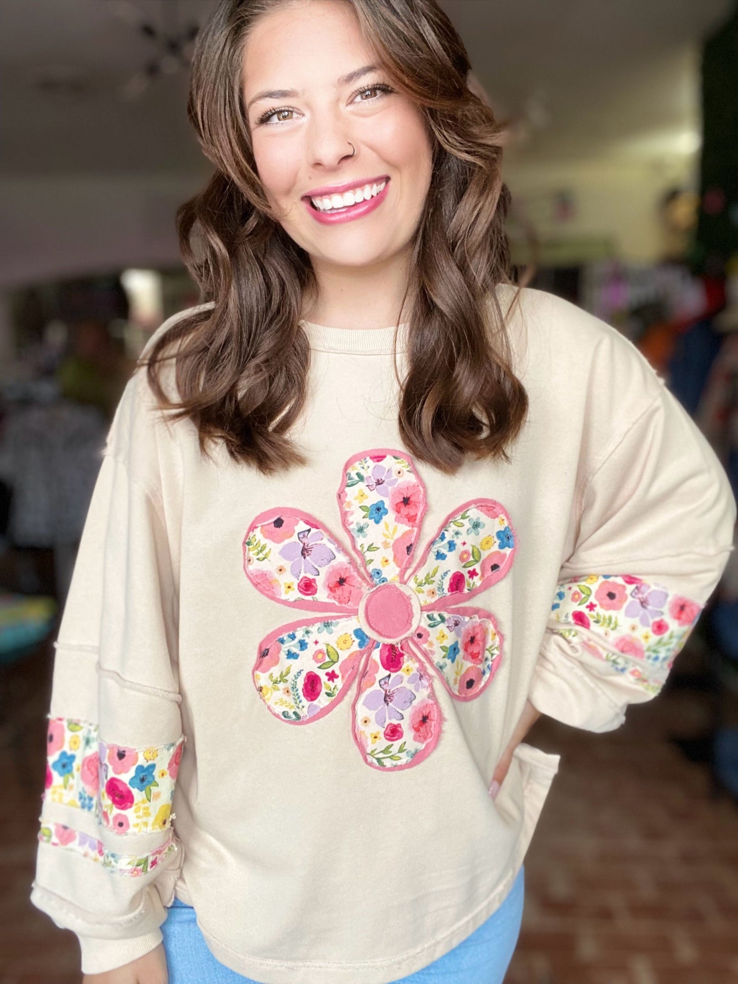 Flower Power Pullover-Oatmeal