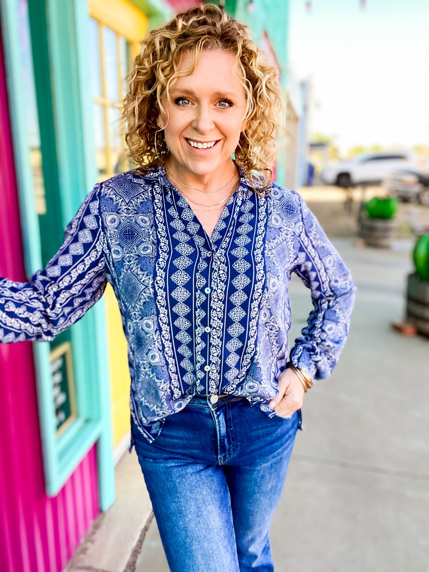 Tops Long Sleeve Blue Floral Top