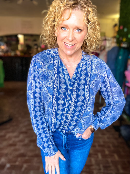 Tops Long Sleeve Blue Floral Top