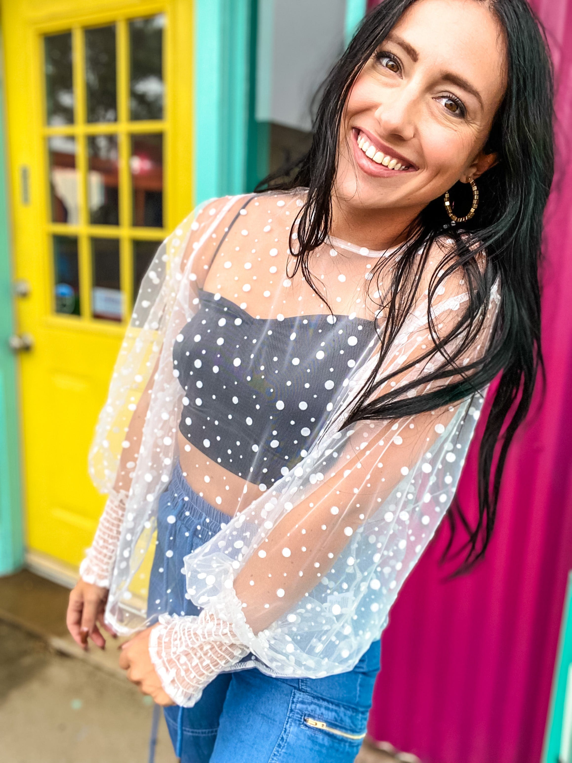 white sheer polka dot top