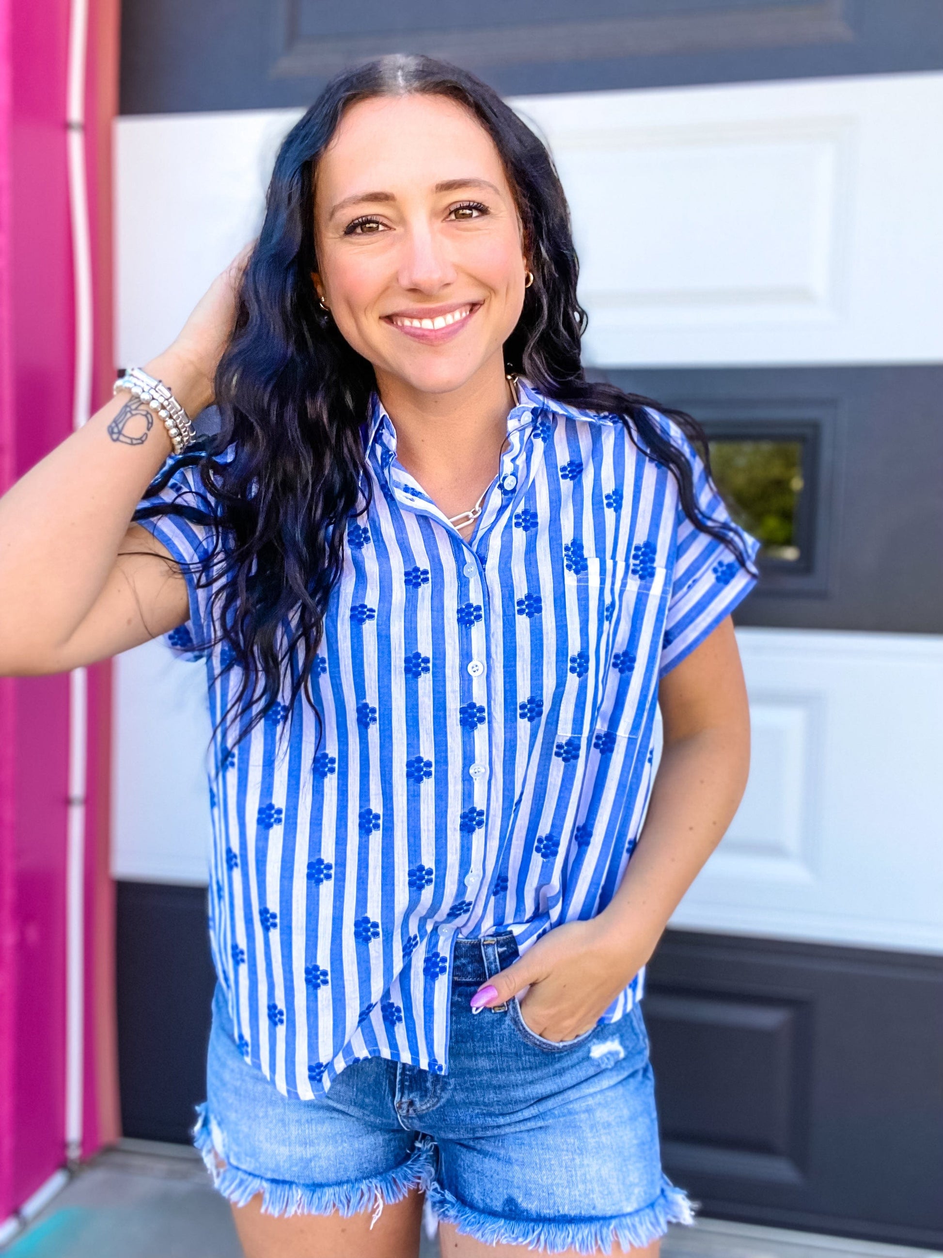 Tops Royal Blue Floral Stripe Button Down