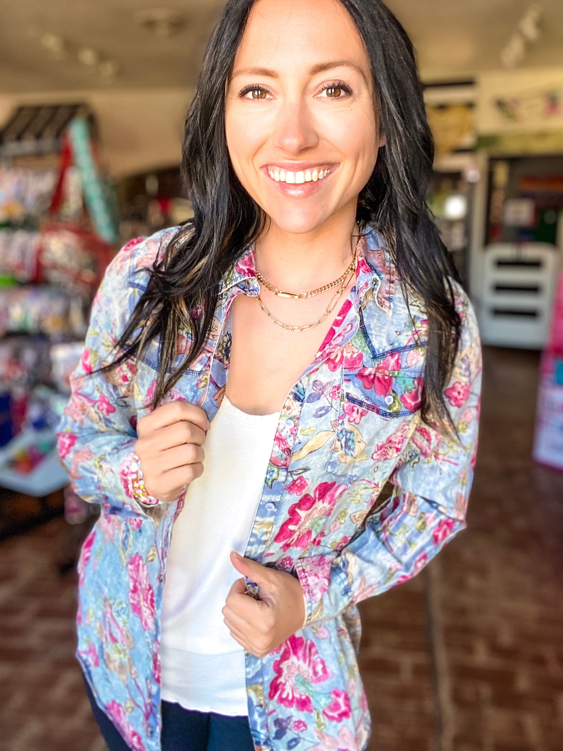 Tops Vintage Button Down Top Blue Floral