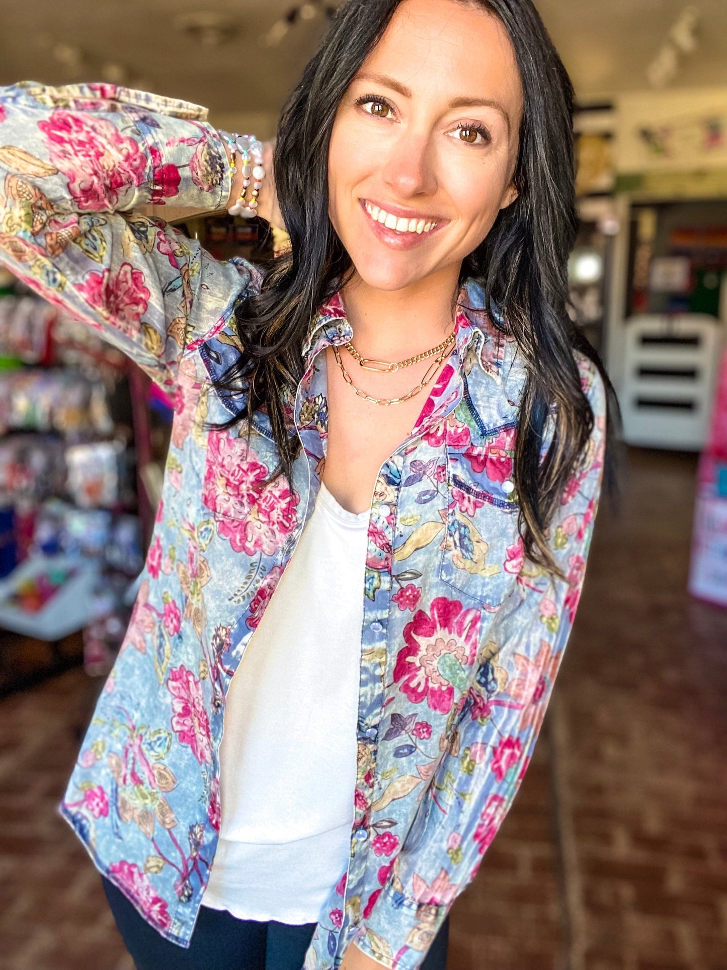 Tops Vintage Button Down Top Blue Floral