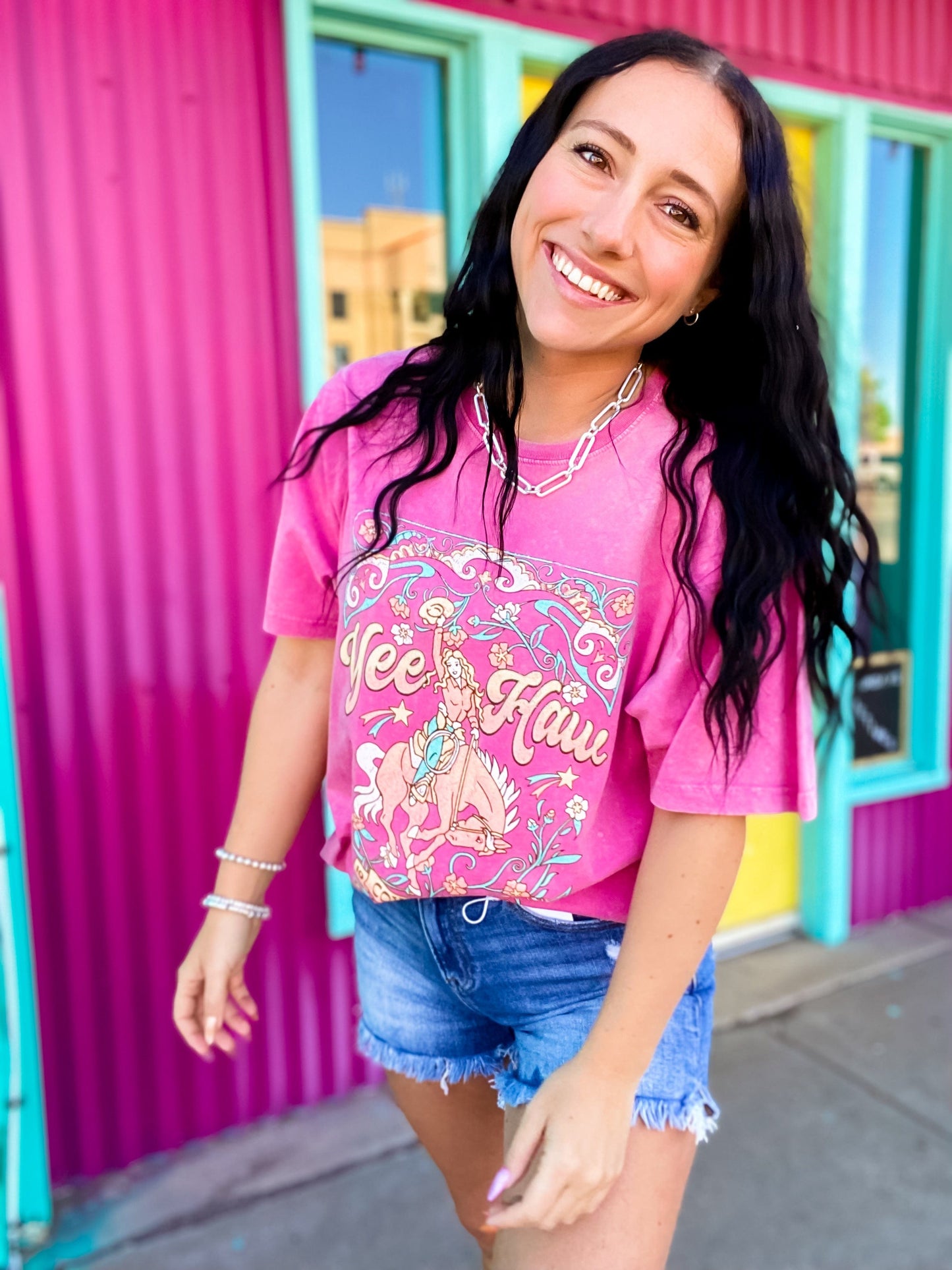 Graphic Tees Yeehaw Mineral Washed Tee in Hot Pink